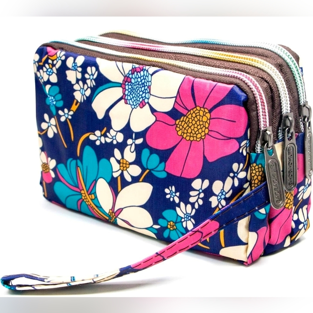 Floral Triple-Zip Wristlet Phone Concert Bag Boho Organizer Pouch Waterproof NWT